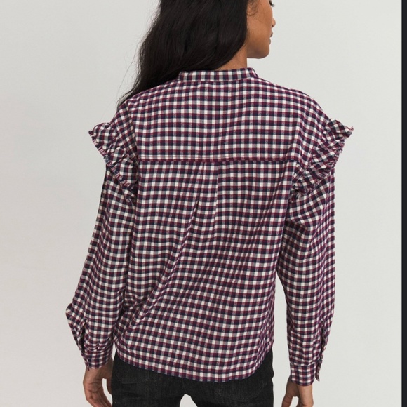 Something Navy Jaime Maroon White Ruffle Sleeve Plaid Button Up Long Sleeve Top - Picture 4 of 6